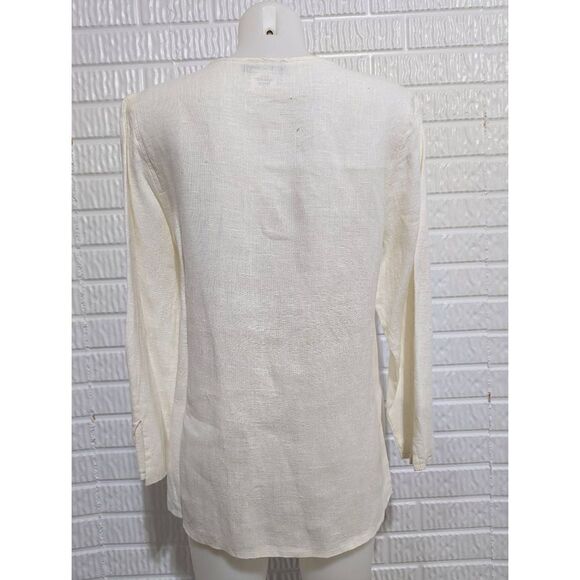 Harve Benard Women's Small Cream Linen Tie-Split Neck Tunic Top - Picture 3 of 5